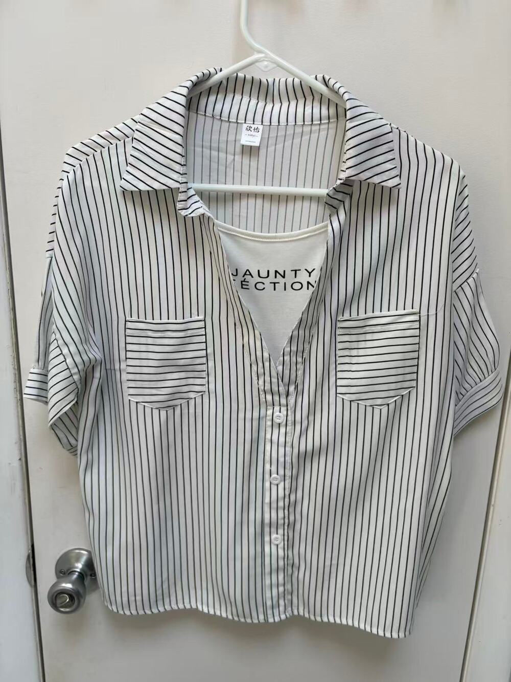 fake two-piece women's black & white striped short sleeve button up tee shirt L